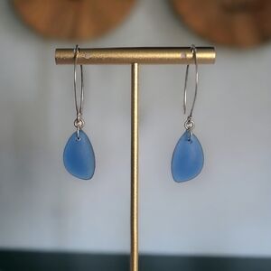Sterling Silver .925 Eco Seaglass Marquis Pebble Earrings Cobalt
